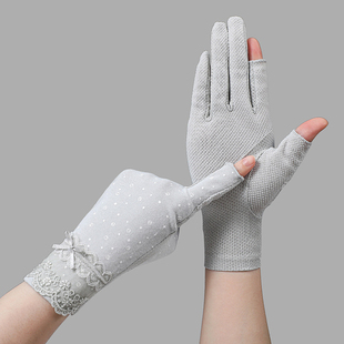 防晒手套女防紫外线开车骑电动车露指采茶露二指半指蕾丝薄款纯棉
