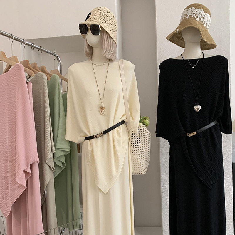 欧玛莱 一字领不规则下摆纯色针织上衣+中长款半身裙两件套装7249