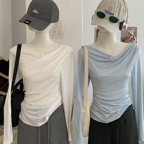 KEKEZOON 莱赛尔天丝斜肩打褶长袖超柔软纯色打底衫T恤上衣女8664