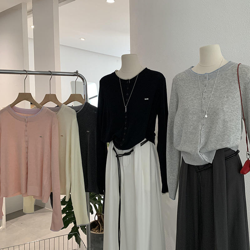 欧玛莱 撞色拼接假两件圆领针织开衫女2025秋季时尚百搭上衣