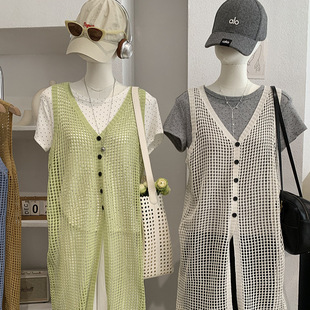 叠穿罩衫 欧玛莱 单排扣无袖 中长款 潮7028 镂空V领背心连衣裙女夏季