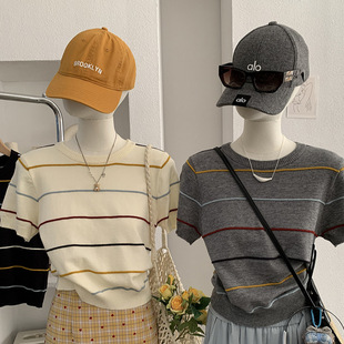 短袖 春季 圆领条纹针织内搭打底衫 6593 显瘦短款 上衣女 修身 欧玛莱