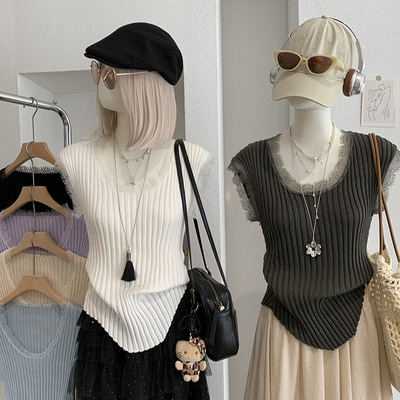 欧玛莱 蕾丝花边拼接修身显瘦不规则下摆无袖针织背心上衣女 6871