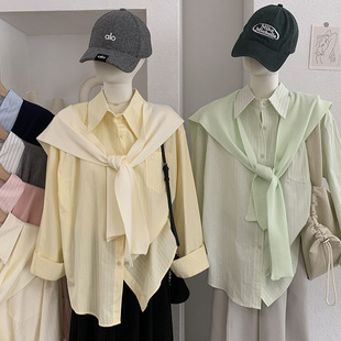 2026年春季 叠搭针织披肩 单口袋竖条纹长袖 衬衫 6731 中长款 欧玛莱