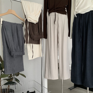 批发 抽绳长裤 欧玛莱 松紧高腰纯色奶皮绒直筒宽松阔腿休闲裤