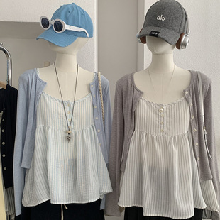 外搭宽松吊带背心两件套女 防晒百搭开衫 6401 2026早春新款 欧玛莱