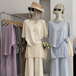 屁帘假两件长裤 纯色针织上衣 两件套实拍7080 竹节麻蝙蝠袖 欧玛莱