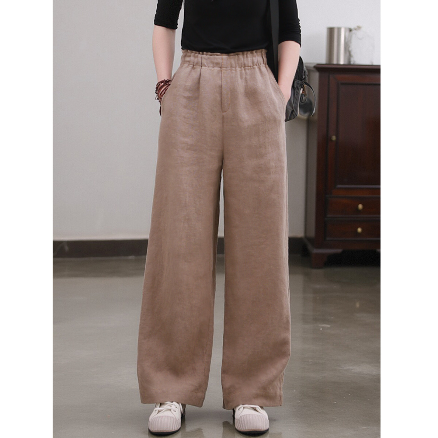 2026春款法国进口敦厚亚麻直筒裤高腰阔腿裤女休闲宽松长裤显腿长