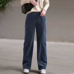高腰古月蓝女裤 2026初春灯芯绒直筒裤 女休闲宽松细条绒阔腿裤