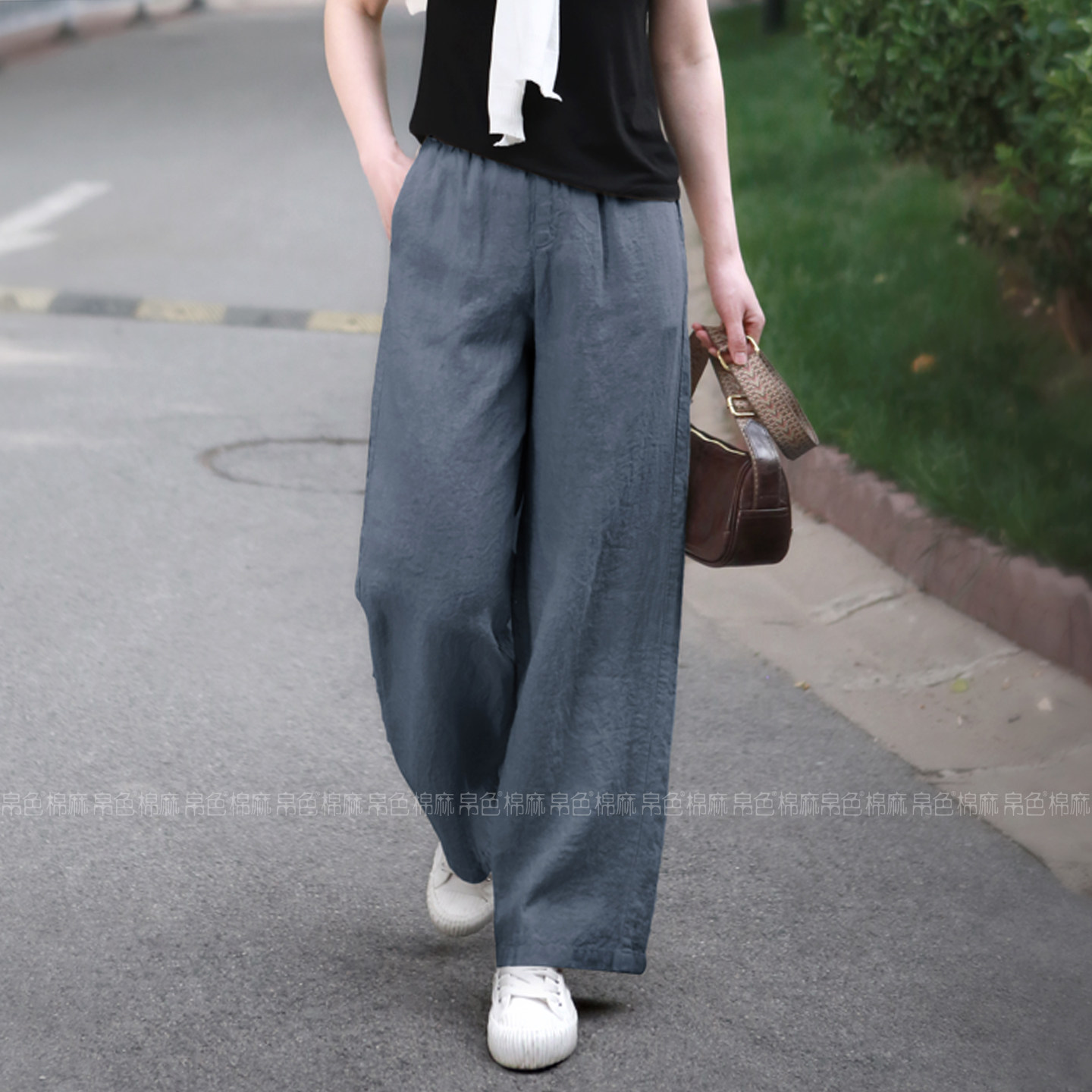 2026春季新款亚麻直筒裤女高腰显腿长松紧腰高腰帛色休闲阔腿裤