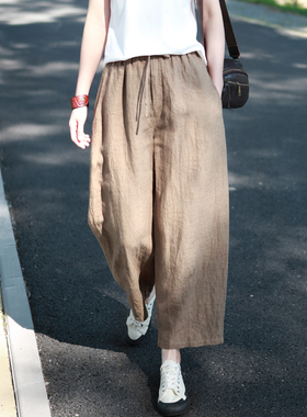 2026文艺复古大码松紧腰裤宽松显瘦老钱风亚麻裤休闲哈伦九分女裤