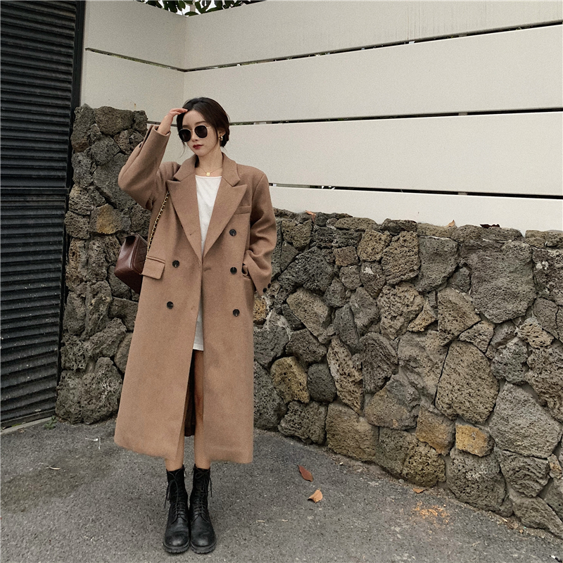 Real shot double breasted medium length tweed coat, western style suit, woolen coat + irregular knitted shawl