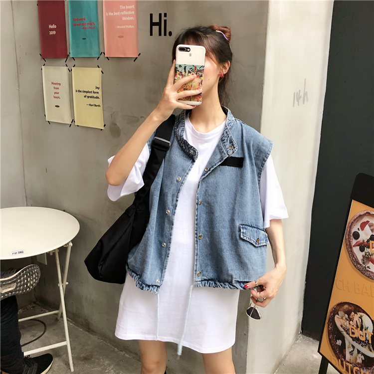 Real photo 2021 new Korean loose tooling Vest Jacket denim sleeve less jacket