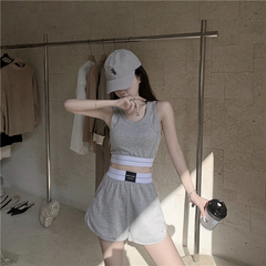 Real shot 2021 summer splicing short fashion open navel sports sling Vest + Elastic Waist Shorts Set
