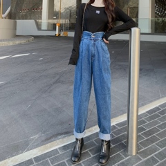 Real shot 2021 spring new high waist loose Harlan straight tube denim pants daddy pants