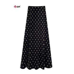 骊枥波点丝绒半身裙女秋冬 通勤显瘦百搭a字简约高腰复古长裙6219