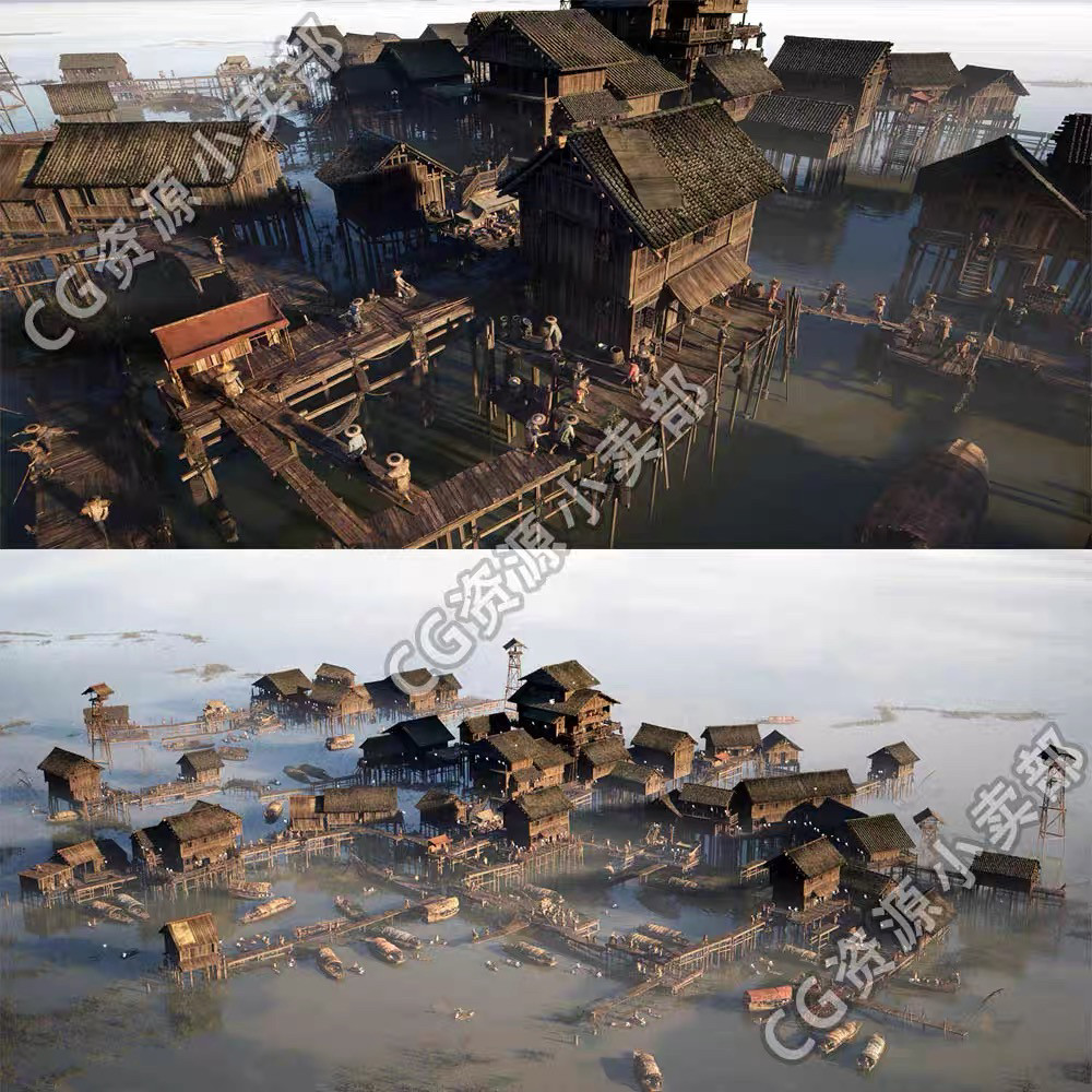 BMS中国水村UE5场景 人群角色古建村庄3D模型源文件 虚幻5