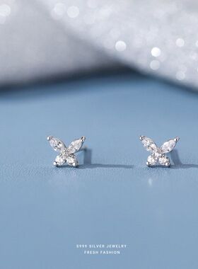 s999足银森系蝴蝶锆石耳钉韩版气质淑女学生镶钻养耳洞耳饰女礼物