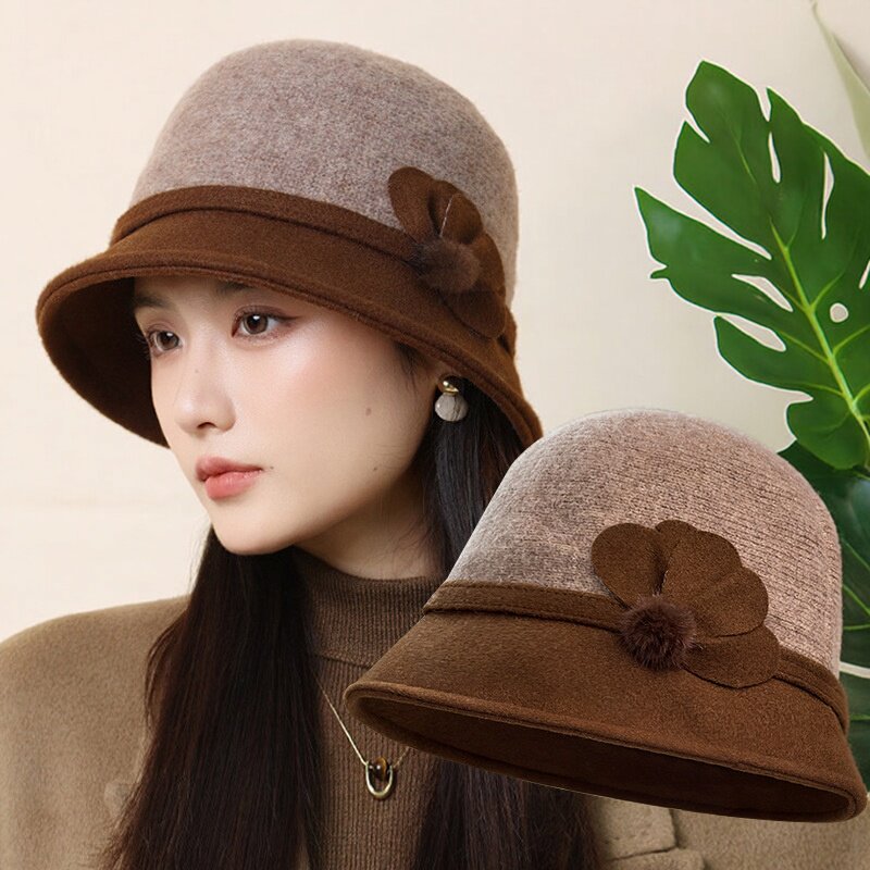 复古毛呢盆帽女秋冬保暖帽子花朵装饰圆顶帽中老年妈妈帽可折叠
