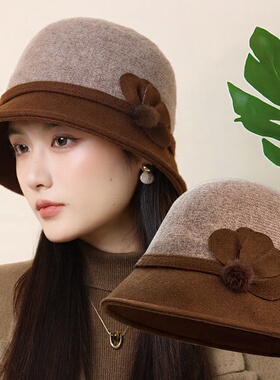 复古毛呢盆帽女秋冬保暖帽子花朵装饰圆顶帽中老年妈妈帽可折叠