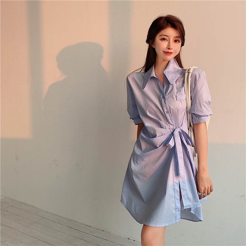 Real price design asymmetric shirt dress slim slim tie mid length skirt