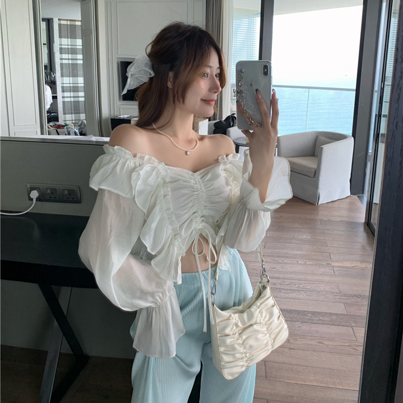 Real price ~ lace up short Long Sleeve Shirt Top + wide leg pants