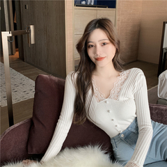 Real price ~ new solid color V-neck temperament, slim and versatile lace shirt with knitted bottom coat