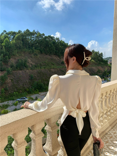 Real price French style stand collar design sense split breasted shirt minority foreign style bubble sleeve bandage top