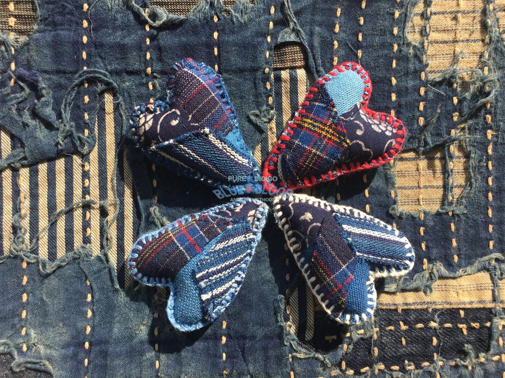 blue blood手工植物蓝染boro古布心形拼布挂件 胸针 刺し子