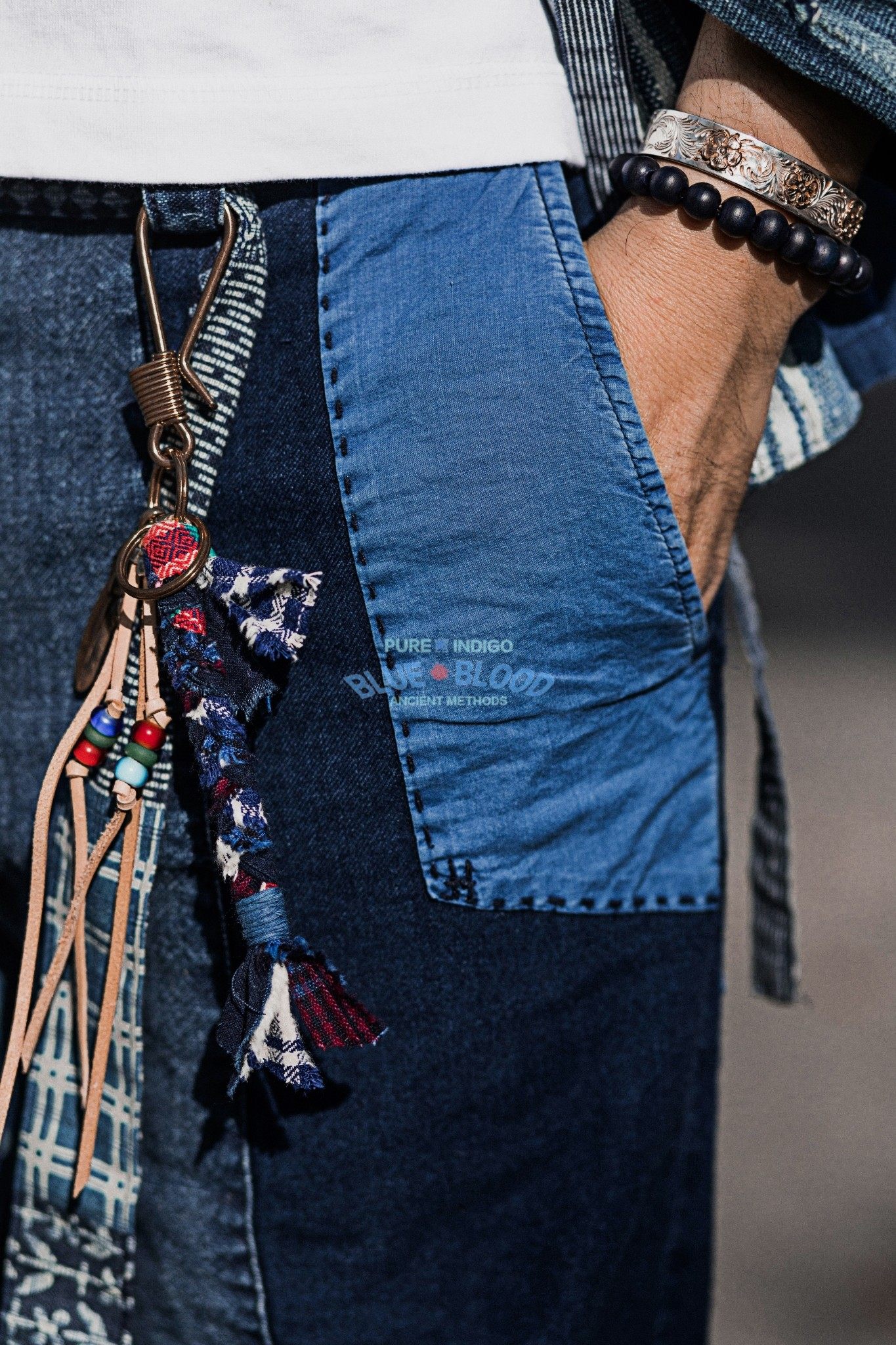 blue blood复古机车阿美咔叽黄铜羽毛 哨子 蓝染财布钥匙扣挂饰