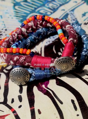 手作菊花扣手链古布琉璃银珠复古