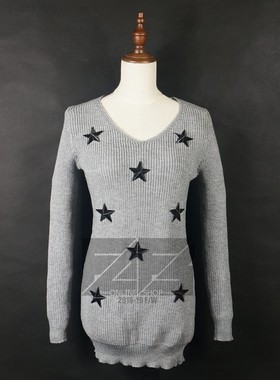 外贸 包臀灰色毛衣 镶嵌立体五角星星 带卡 修身 肩宽34胸围88