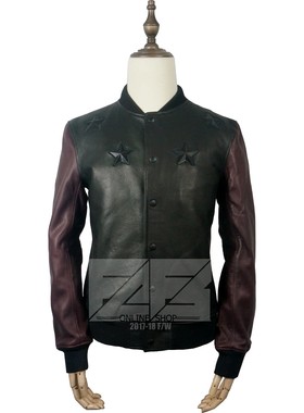 凸标五角星 立体五星 撞色拼酒红牛皮袖 纯皮 棒球服 皮夹克 皮衣