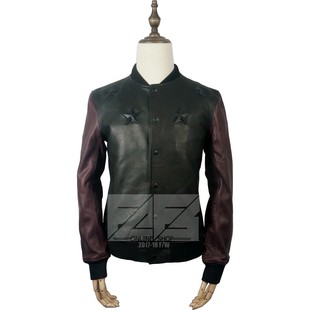 立体五星 皮夹克 撞色拼酒红牛皮袖 棒球服 皮衣 纯皮 凸标五角星