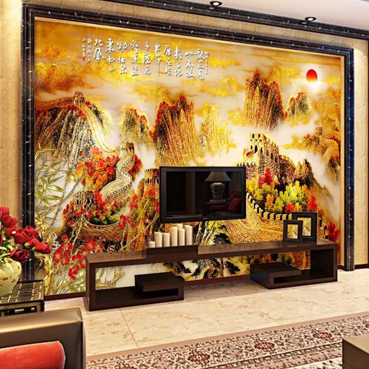 金色万里长城壁画现代中式办公室背景墙壁纸3d立体山水风景画墙纸