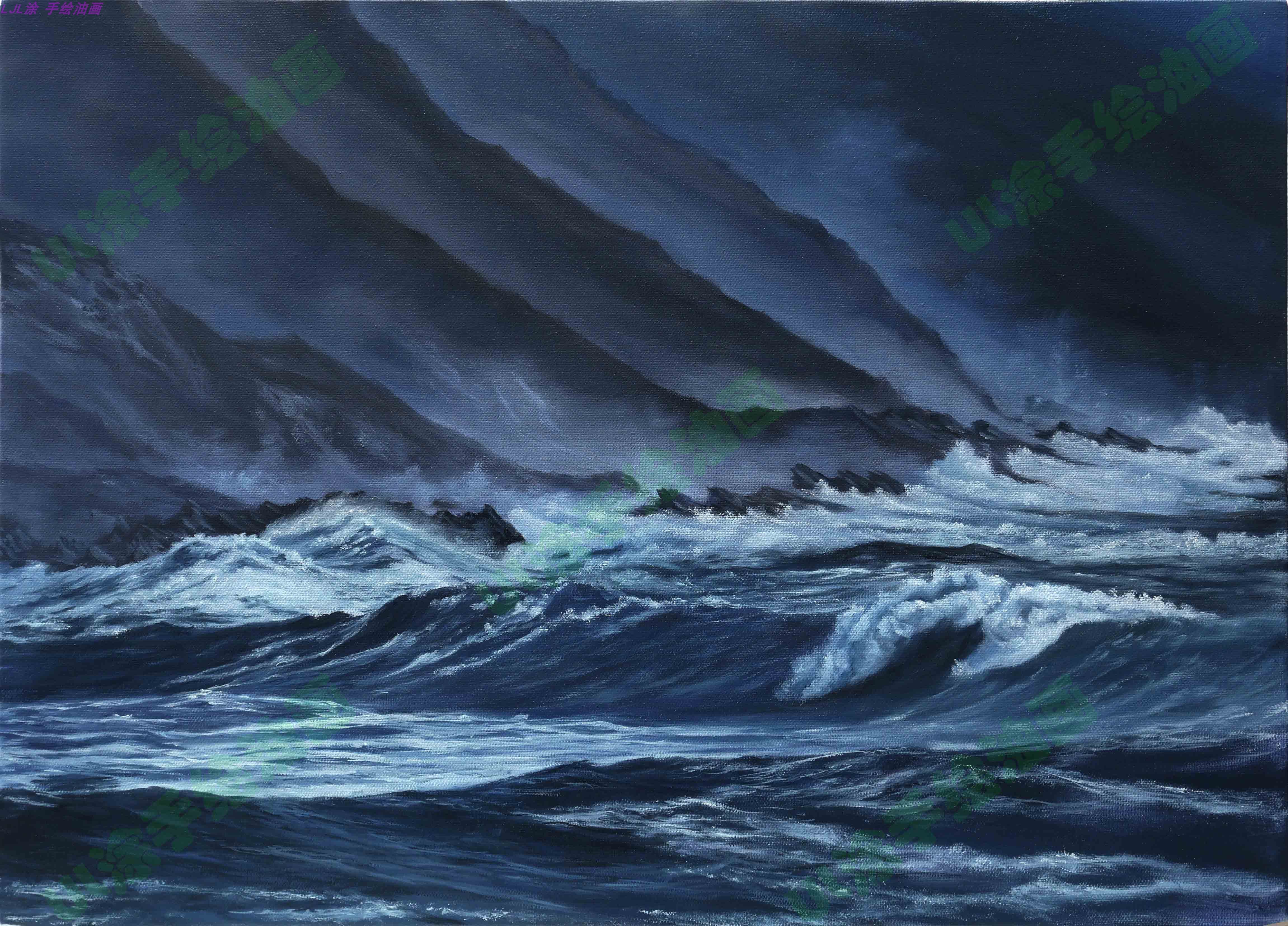 50*70cm 手绘 油画 风景 海浪 海洋 波浪 超写实 背景墙  ljl涂