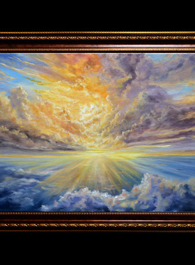 50*70cm 手绘 写实油画  夕阳 日出 河 丁达尔 LJL涂 挂画 风景