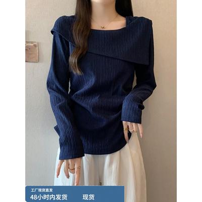 藏蓝色翻领正肩长袖T恤女2025秋季大码微胖mm独特漂亮不规则上衣