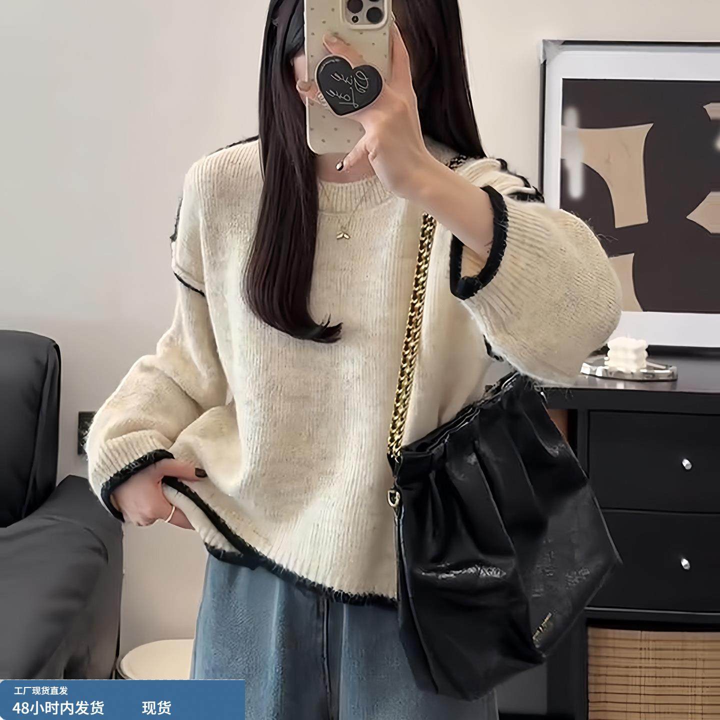 大码慵懒风撞色圆领毛衣女秋冬胖mm显瘦宽松设计感小众套头针织衫