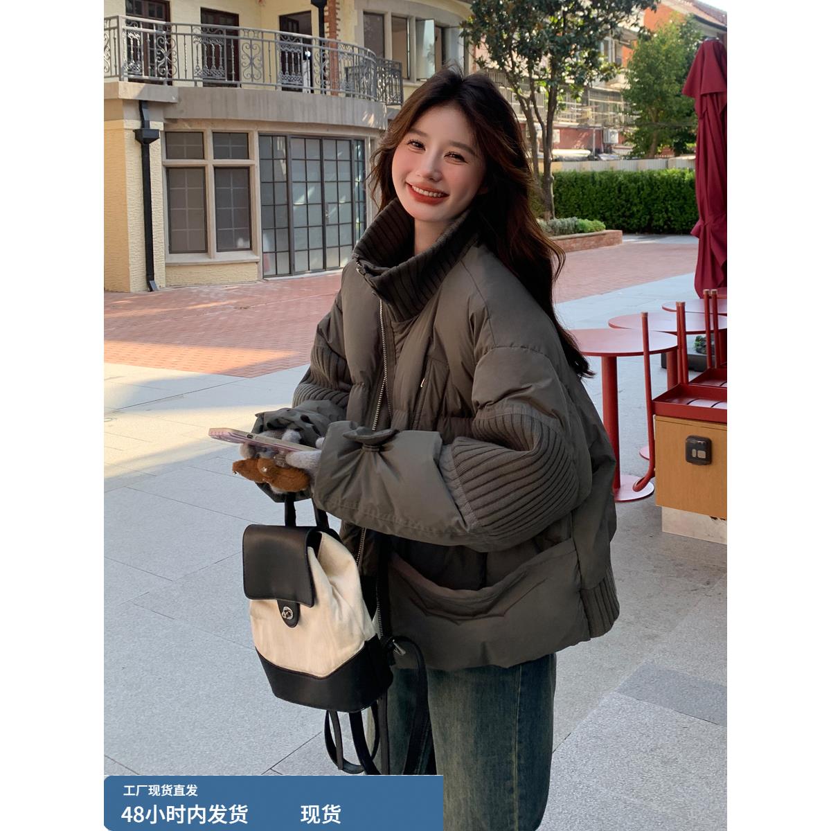 韩版灰色短款羽绒服女冬季2025新款立领针织拼接加厚90白鸭绒外套