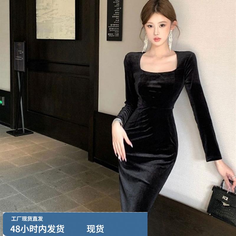 赫本风小黑裙高级感正式场合端庄打底黑色方领丝绒连衣裙女秋冬