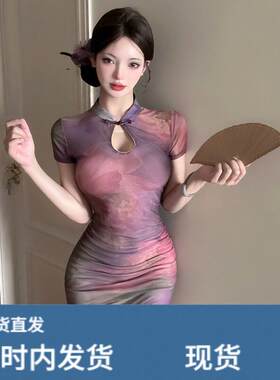 纯欲性感旗袍年轻款少女短款修身显瘦网纱印花短袖包臀洋装女夏