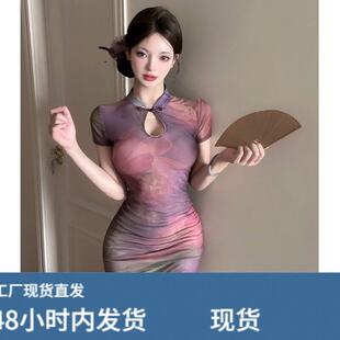 纯欲性感旗袍年轻款少女短款修身显瘦网纱印花短袖包臀洋装女夏