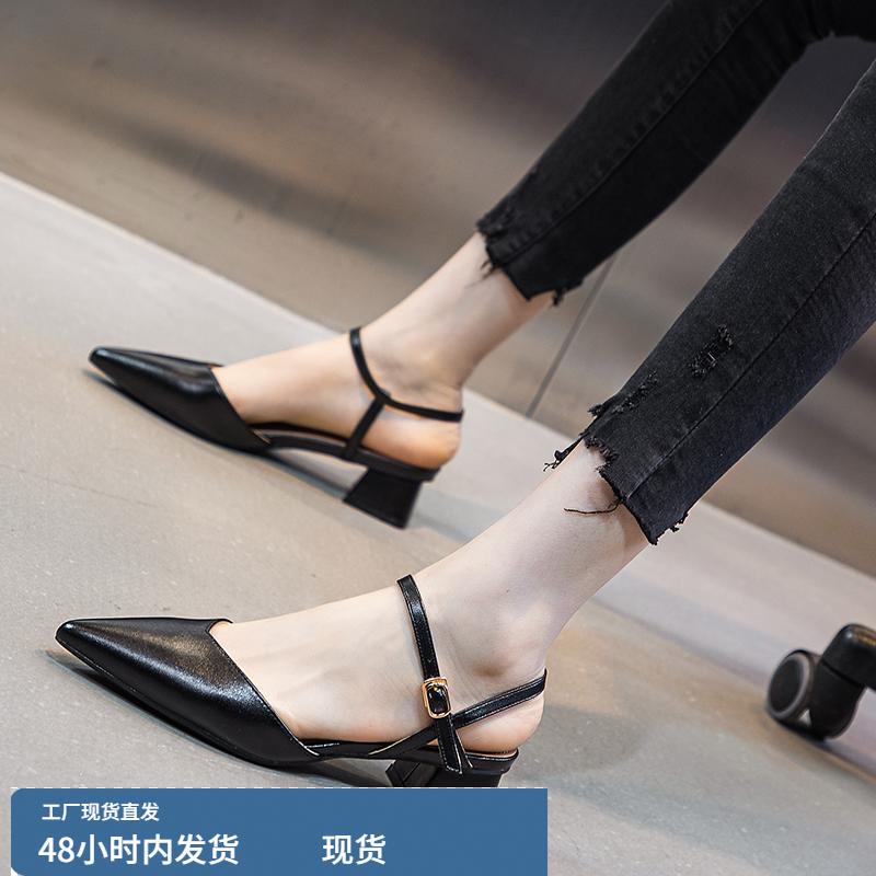 尖头半包头凉鞋女夏粗跟高跟鞋中跟单鞋一字扣仙女风2025夏季新款