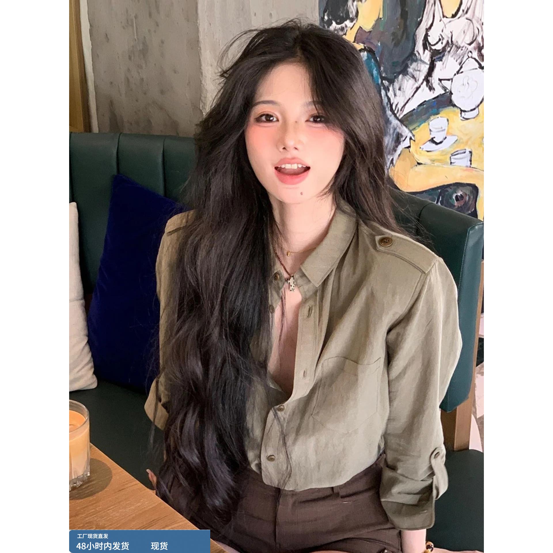 覆古绿色工装衬衫女夏季薄款小个子翻领衬衣宽松慵懒休闲长袖上衣