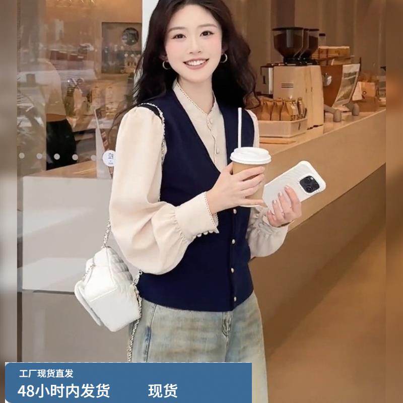 巨好看的早秋独特设计感漂亮法式小资韩系叠穿衬衫马甲两件小套装
