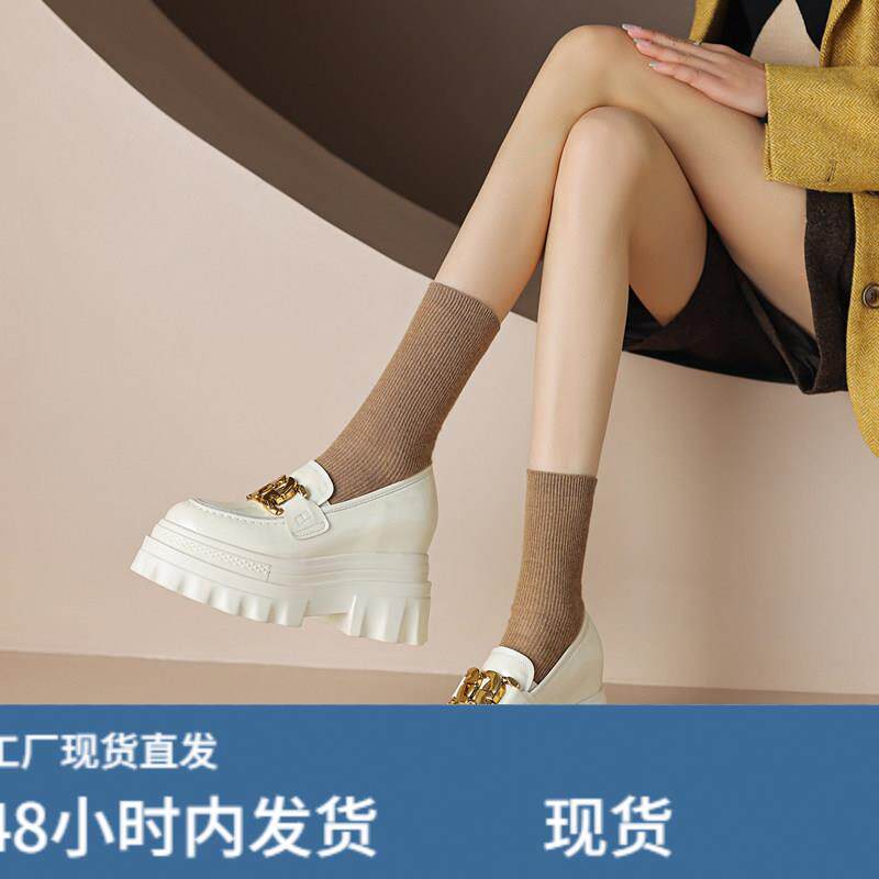 厚底女士单鞋内增高松糕鞋真皮圆头韩版乐福鞋牛漆皮高跟女鞋1M
