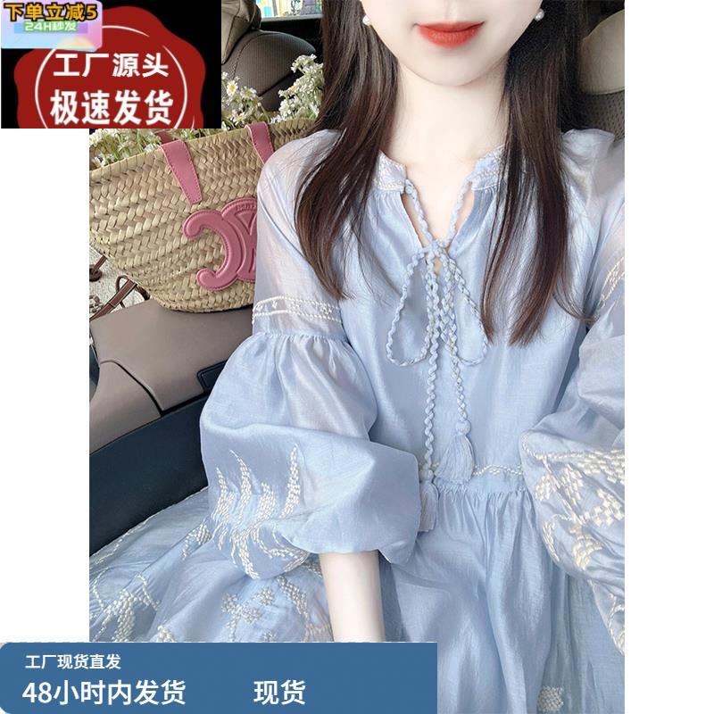 蓝色小清新海边度假风雪纺连衣裙女夏季法式刺绣设计感长袖公主裙