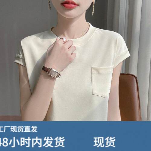 纯棉圆领带兜短袖T恤女1/4吋套筒扳手袖夏季上衣2025夏季新款包袖
