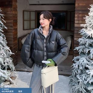 黑色格子拼接立领短款羽绒服女冬季2025年新款小个子90白鸭绒外套